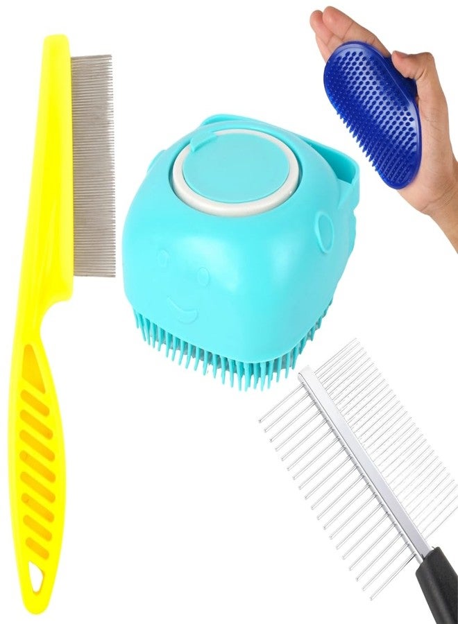 مجموعة العناية بالحيوانات الأليفة، طقم فرشاة للكلاب مكون من 4 قطع مع فرشاة تدليك سيليكون، ومشط معدني، وأداة فك التشابك، باللونين الأزرق والأصفر. - Image 1